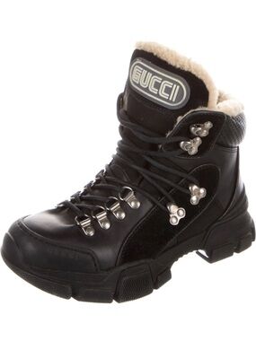 Gucci Black Leather Lace-Men's  Hiking Boot with Shearling Collar
